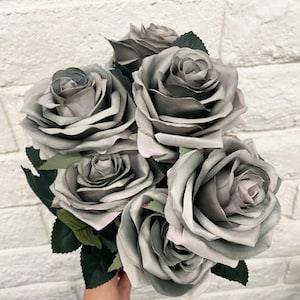 Grey Slate Midnight Rose 9 Head Bouquet Artificial Silk Flower Bush For DIY Arrangement Home Decor Wedding Party Celebration Office