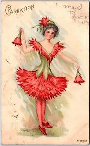 1908 Flower Dress Costume Carnation Greetings & Wishes Posted Postcard
