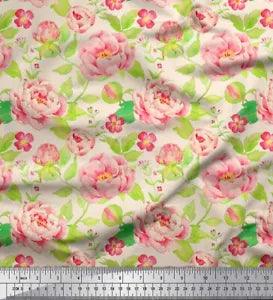 Soimoi White Velvet Fabric Leaves & Peony Floral Print Fabric by-aHx