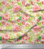 Soimoi White Velvet Fabric Leaves & Peony Floral Print Fabric by-aHx