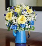 Vintage Blue Graniteware Enamel Coffee Pot with Silk Daisy Arrangement