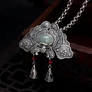 Vintage S925 Silver Hetian Jade South Red Inlaid Pendant Peony Flower