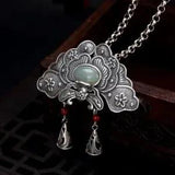 Vintage S925 Silver Hetian Jade South Red Inlaid Pendant Peony Flower
