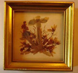 VINTAGE DRY FLOWERS LEAVES BOUQUET IN MINI WOOD GOLD LEAF FRAME NON-GLARE GLASS