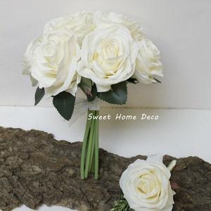 JennysFlowerShop 8''W Silk Rose Wedding Bouquet Bridal Bouquet Bridesmaid Bouquet Boutonniere Colorful Roses Ivory