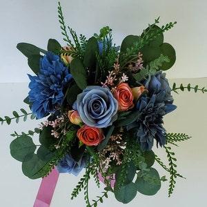 Dusty Blue and Blush Rose Bridal Bouquet, Rose Bouquet, Boho Silk Bouquet, Fall Wedding, Dahlia Eucalyptus, Slate,Steel, Outdoor, Wildflower