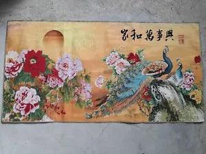 47" China Cloth Silk Embroidery Peony Flower Peacock Mural Painting Tapestry