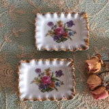 Vintage 2 Rose Bouquet Ceramic  Dresser Dishes. Pair of Gold Tipped Ruffled Pin Dishes. Use to Collect Small Items on Dresser or Vanity.
