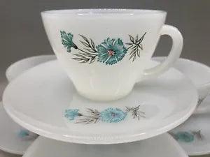 VTG FIRE KING Blue Carnation Coffee~Tea~Cup~Saucer MILK GLASS~Bonnie Blue