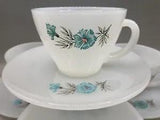 VTG FIRE KING Blue Carnation Coffee~Tea~Cup~Saucer MILK GLASS~Bonnie Blue