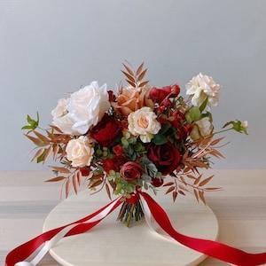 Vintage Red, Rose Gold and Champagne Silk Bridal Bouquet, Wedding Bouquet, Bridesmaids Bouquet, Silk Flower Bouquet