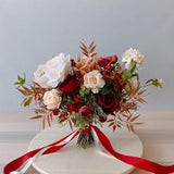 Vintage Red, Rose Gold and Champagne Silk Bridal Bouquet, Wedding Bouquet, Bridesmaids Bouquet, Silk Flower Bouquet