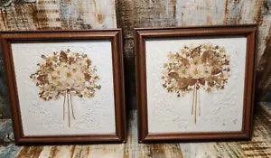 Vintage Wall Art Decor Dried Pressed Flowers On Doily Framed Signed Pair Set 9"
