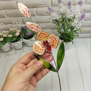 Stained glass orchid, Orange orchid, Glass flower 3d, Flower for a vase or flowerpot, garden decor, Stained glass gift for mom