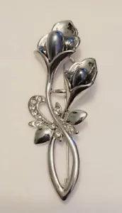 Vintage Silver-Toned Faux-Pearl & Clear Crystals Cala Lily Bouquet Pin Brooch