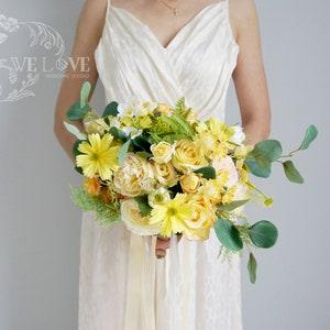 Vibrant Yellow Roses Pink Peonies  Wedding Bouquet, Rustic Bridal Shower Bouquet, Beach Photoshoots Accessories, Home decor