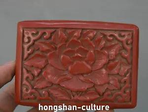 3.9'' Old Red Lacquer Sculpture Peony Flower Jewelry Container Box
