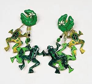 Lunch At The Ritz RARE Frog Legs Lily Pad 3 Dangling Frogs Post Earrings Vintage