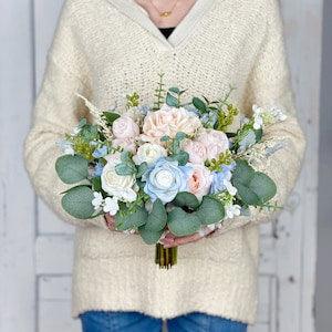 Bridal Bouquet, Blush Pink and Light Blue Wedding Bouquet, Boho Flower Bouquet,  Design in Rose Peony and Delphinium