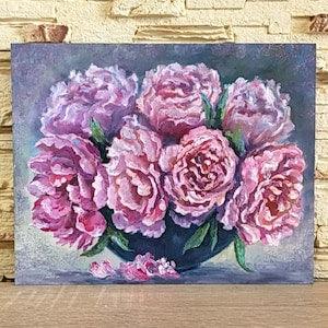Pink Peonies in Vase Original Oil Painting Ukraine Art Peonies Wall Decor Floral Wall Pictures, Flowers Painting 12x9, Gift for Her