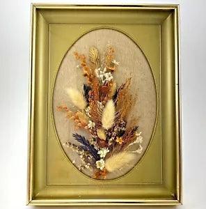Vintage Dried Flowers Framed Art Gold Oval Shaped Matte 1970s Retro Boho Hippie