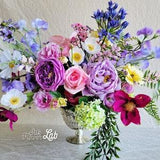 Premium silk flower arrangement, real touch peony, faux David Austin rose, agapanthus, sweet pea, butterfly ranunculus, real touch tulip