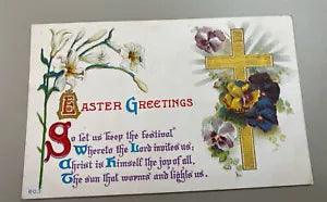 Vintage Postcard, Unposted Easter Greetings Embossed Cross Pansies Lilies Verse