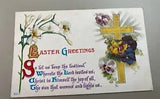 Vintage Postcard, Unposted Easter Greetings Embossed Cross Pansies Lilies Verse