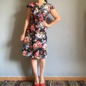 Vintage bouquet rose vintage Japanese style midi satin dress, dark cottage bohemian coquette elegant cocktail gown romantic old money spring