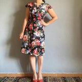 Vintage bouquet rose vintage Japanese style midi satin dress, dark cottage bohemian coquette elegant cocktail gown romantic old money spring