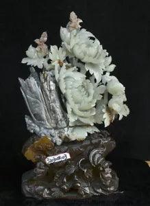 19.6"" China Natural Xiu Jade Jadeite Carved Peony Flower Buttrefly Wealth Statue