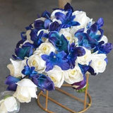 Royal Blue Purple Wedding Bouquets, Real touch Ivory White Rose, Real Touch Orchids In Blue Purple, Cascading Bouquet