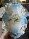 STUNNING * RARE * R S PRUSSIA CARNATION MOLD LARGE BUN TRAY YELLOW ROSES ON BLUE