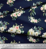 Soimoi Blue Cotton Poplin Fabric Leaves & Ranunculus Floral Print-cAI