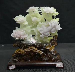 14 " China Natural Xiu Jade Carved Fengshui Peony Flower Wealth Statue Sculpture