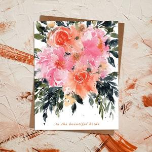 Watercolor Bright Floral Beautiful Bride Card | Wildflower Peonies Orange Pink Green | Bridal Shower Bouquet Sustainable Eco | paperbec