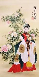 Beauty&Peony flower-ORIGINAL FINE ART CHINESE FAMOUS FIGURE WATERCOLOR PAINTING