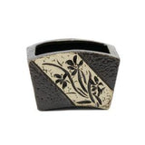 Black Planter with Orchid Floral design, pottery for succulent air plant and small foliage or as a pen holder Unique Valentine's gift.