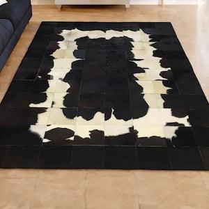 Black Cowhide Runner Corridor Rug, Black Bedroom Rug, Black Hallway Large Rug, Black White Living Room Rug, Resistant Runner Rug Customize