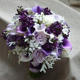Faux Purple Bridal Bouquet, Rustic Lavender Wedding Bouquet, Real Touch Artificial Calla lily, Ivory White Rose, Baby's Breath, Silk lilacs,
