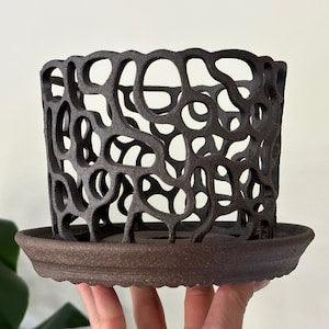 Black Grey Unglazed Ceramic Stoneware Orchid Planter Pot with Holes and Optional Saucer