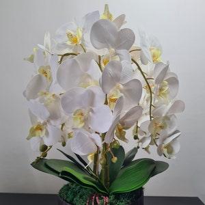 Faux White Orchid Arrangement, real touch feel technology, orchids in round brown cylinder bowl, white orchid