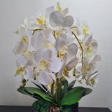 Faux White Orchid Arrangement, real touch feel technology, orchids in round brown cylinder bowl, white orchid