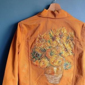 Hand Painted Denim Jacket Sunflowers Van Gogh, Yellow Sunflowers Jacket, Oversize Van Gogh Jacket