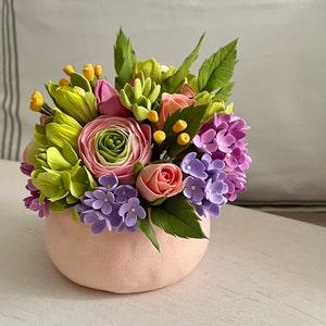 Floral art bouquet, mix of bright faux flowers, clay Art Deco bouquet in handmade pot, one of a kind gift, pink ranunculus and roses bouquet
