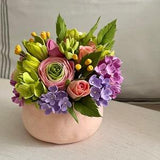 Floral art bouquet, mix of bright faux flowers, clay Art Deco bouquet in handmade pot, one of a kind gift, pink ranunculus and roses bouquet