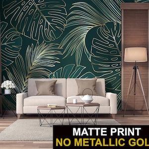 Dark green and yellow matte abstract monstera and palm leaf pattern wallpaper | Self Adhesive | Peel and Stick | Removable