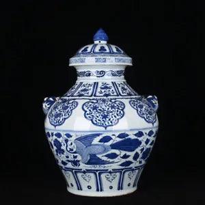 20.5" China Porcelain yuan dynasty mark Blue white peacock peony flower Jar pot
