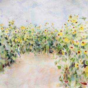 Sunflower Field Watercolor Art Inkjet or Giclee fine Art Print, Summer Wall Art, Yellow Flowers, Botanical Garden Decor, Richmond BC Canada