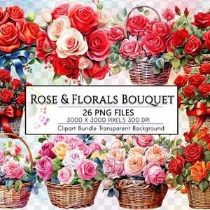 Roses & Floral Bouquet Watercolor Clipart Transparent Designs, Red and Pink Roses Bouquet, Roses in the Basket, Vintage Roses Bouquet Basket
